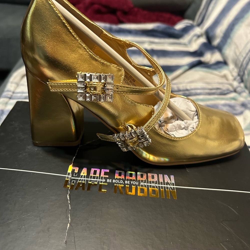 Cape Robbin Gold Mary Jane Block Heels with Crystal Buckles